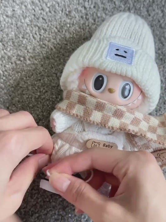 Cozy Winter Wonderland Knit Outfit for Labubu Dolls White Knit Sweater Cute Overall Beanie Scarf and White Sneakers Handmade Dressmaking Set