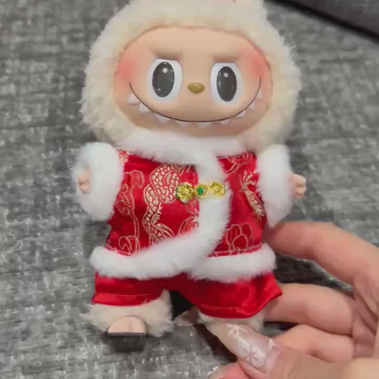 Handmade Chinese New Year Labubu Outfit Red & Gold Traditional Style w/ Faux Fur Trim |Tang-Inspired Dragon Print 2-Piece Set|Labubu Clothes