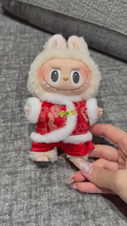 Handmade Chinese New Year Labubu Outfit Red & Gold Traditional Style w/ Faux Fur Trim |Tang-Inspired Dragon Print 2-Piece Set|Labubu Clothes