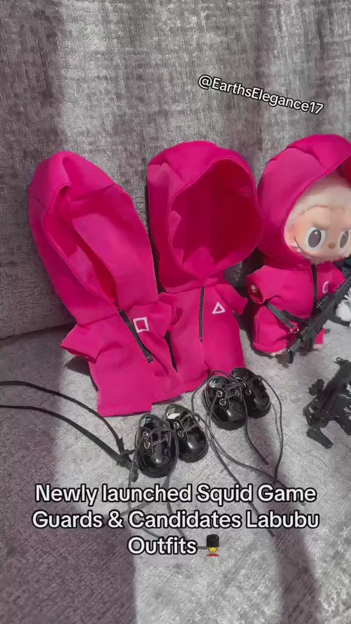 Handmade Labubu Pink Guard and Contestant Cosplay Costumes – Inspired by Popular Korean Drama| Labubu Keychain Clothes| Gift For Her| Doll