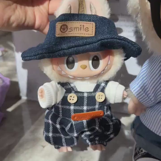 Handmade Labubu 3-Piece Outfit | Checkered Overalls, White Tee & Bucket Hat | Fits Have A Seat Series|Labubu Clothes| Labubu Outfits Gift