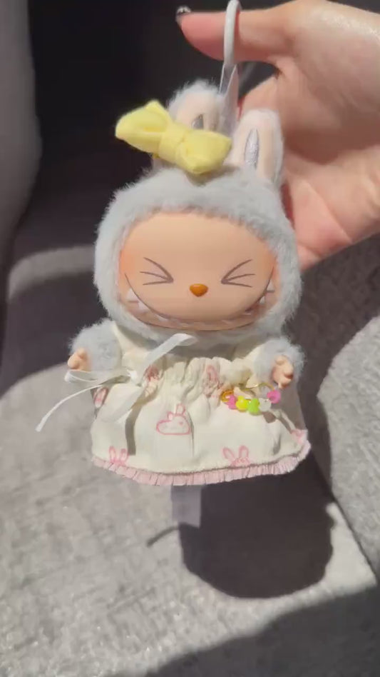 Handmade Labubu Dress with Yellow Bow| Cute Doll Outfit | Miniature Bunny Dress| Collectible Doll Clothes | Custom Doll Fashion