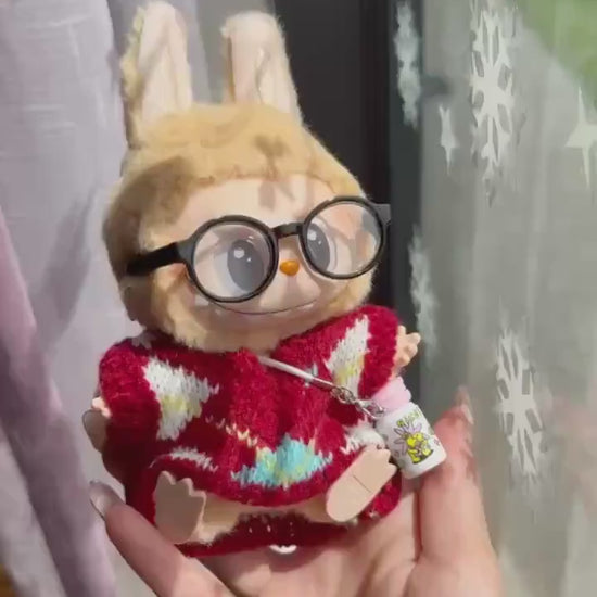 Handmade Knit Labubu Sweater Set – Cozy Red Sweater, Adorable Glasses & Drink Bottle Charm |Doll Clothes for Collectors Gifting|Labubu Cloth