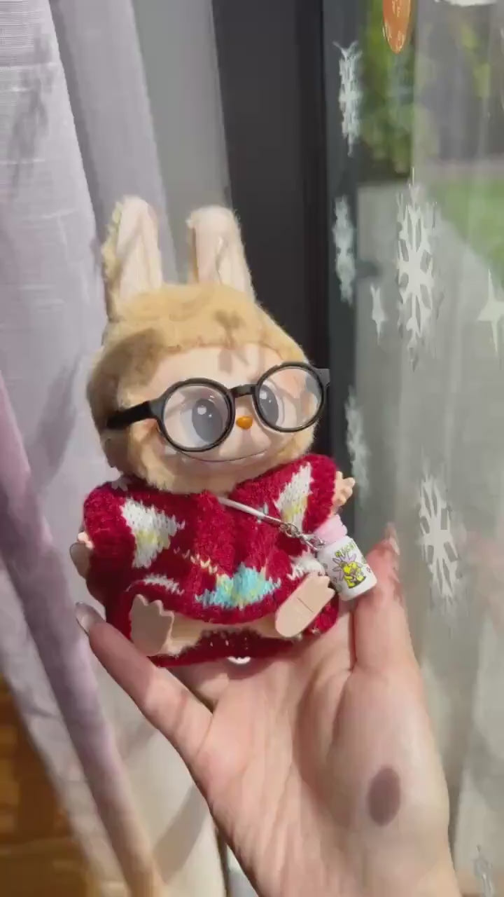 Handmade Knit Labubu Sweater Set – Cozy Red Sweater, Adorable Glasses & Drink Bottle Charm |Doll Clothes for Collectors Gifting|Labubu Cloth