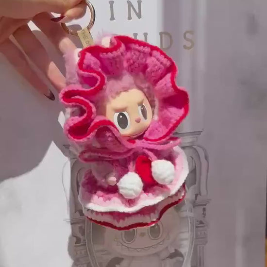Handcrafted Crochet Labubu Outfit Keychain - Royal Medieval Style |Pink & Red Layered Dress | Cute Collectible Gift Idea| Labubu Clothes
