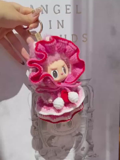 Handcrafted Crochet Labubu Outfit Keychain - Royal Medieval Style |Pink & Red Layered Dress | Cute Collectible Gift Idea| Labubu Clothes