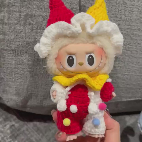 Handmade Crochet Clown Labubu Outfit | Playful Red & Yellow Jester Costume for Labubu Dolls | Perfect Kawaii Gift for Labubu Fans