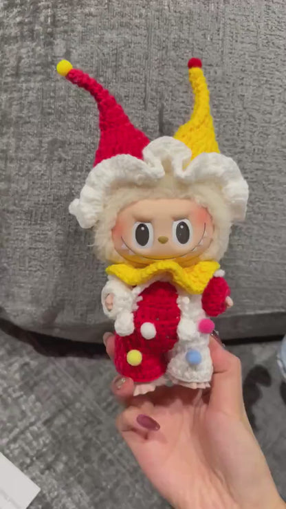 Handmade Crochet Clown Labubu Outfit | Playful Red & Yellow Jester Costume for Labubu Dolls | Perfect Kawaii Gift for Labubu Fans