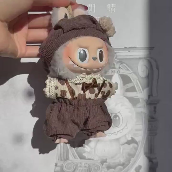 Handmade Labubu Doll Clothes - "Cozy Cocoa Set"  Beret Hat w/ Pom-Poms, Lace-Trimmed Leopard Dot Shirt & Brown Overalls Gift for Collectors