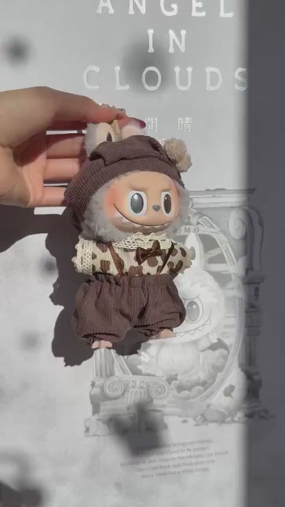 Handmade Labubu Doll Clothes - "Cozy Cocoa Set"  Beret Hat w/ Pom-Poms, Lace-Trimmed Leopard Dot Shirt & Brown Overalls Gift for Collectors