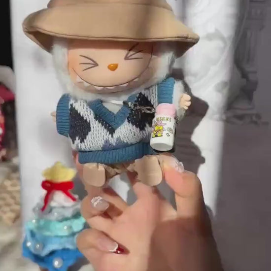 Handmade Knit Labubu Outfit Set – Blue Checked Sweater, Beige Bucket Hat & Pants | Fits Have a Seat  Macaron Series Labubu Clothes