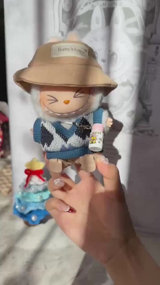 Handmade Knit Labubu Outfit Set – Blue Checked Sweater, Beige Bucket Hat & Pants | Fits Have a Seat Macaron Series Labubu Clothes